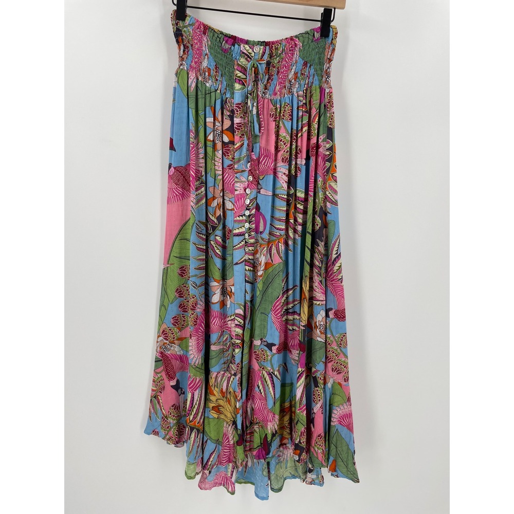 Rachel Roy Tropical Floral Maxi Skirt L Smocked High Low Rayon Boho Resort